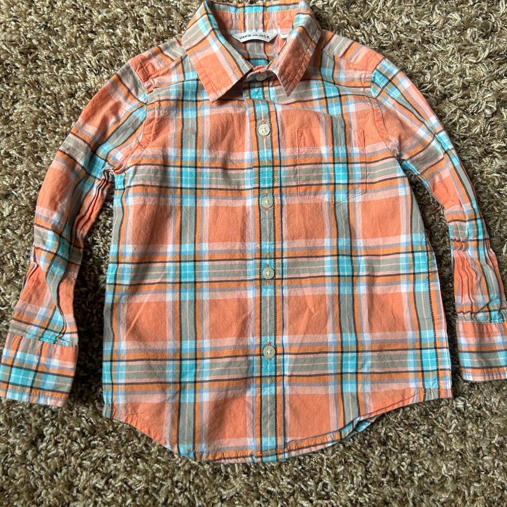 Janie and Jack Orange and Blue Plaid Button Down Shirt | Size 18-24 Months